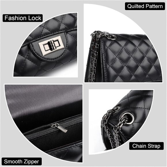 Women Black PU Quilted Stylish Crossbody Bags with Chain Strap & Flap Closure - Picture 6 of 7
